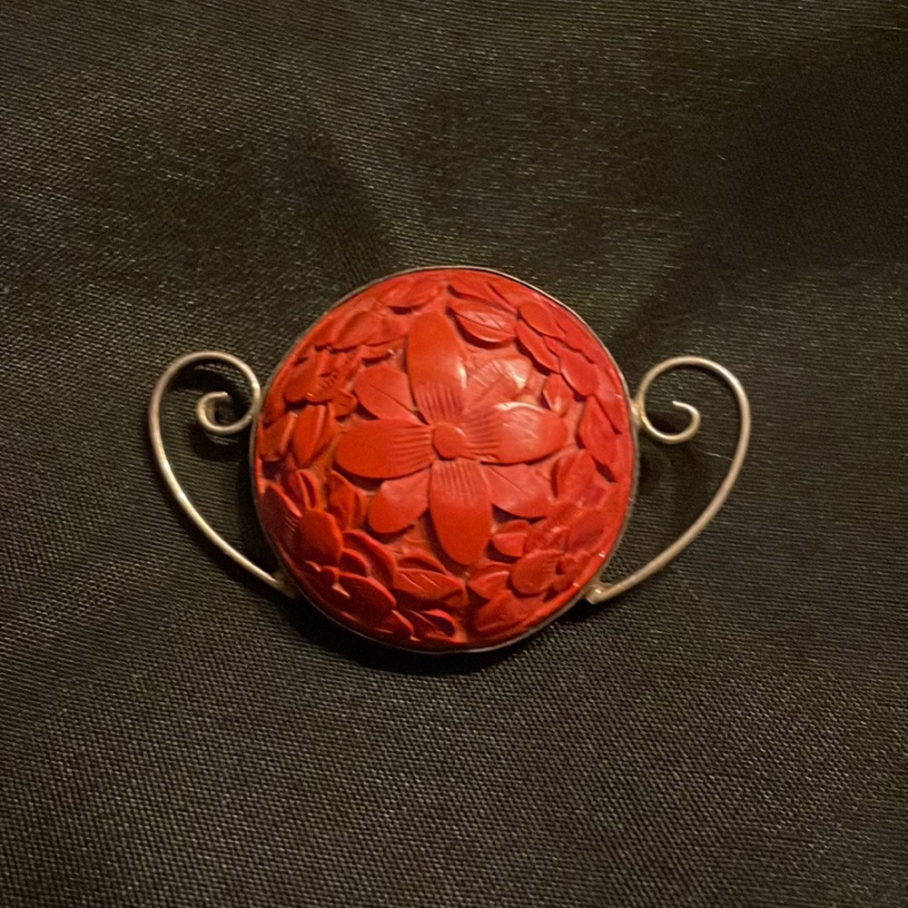 Sterling silver faceted Carved Cinnabar Brooch Pin